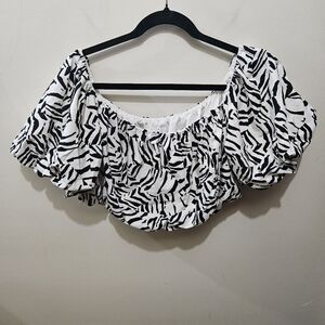 A New Day Black White Zebra Off Shoulder Crop Cotton Blend Shirt Size Large